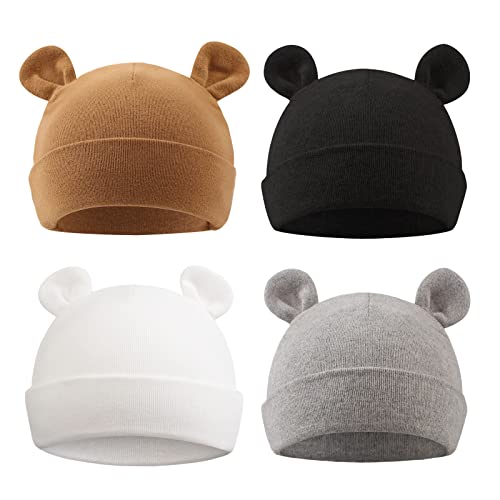PEECABE - Gorro de algodón para recién nacidos de 0 a 6 meses, con orejas de oso (blanco, negro, gris y café, prematuro)