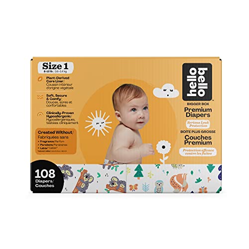 Pañales desechables Hello Bello tamaño 1 (8-12 lb), extra absorbentes, hipoalergénicos y ecológicos, con ajuste cómodo y ceñido, paquete de 108 unidades (el diseño puede variar).