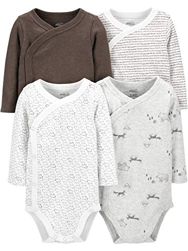 Simple Joys by Carter's Baby 4-Pack Long Sleeve Side Snap Bodysuit, Brown Prints, Preemie