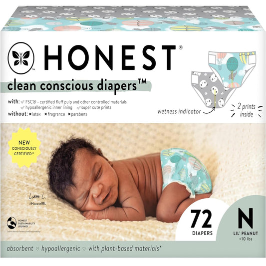 Fraldas Honest Company Clean Conscious para pele sensível | Hipoalergênicas, sem fragrância | Estampas neutras | Club Box, tamanho recém-nascido, 72 unidades