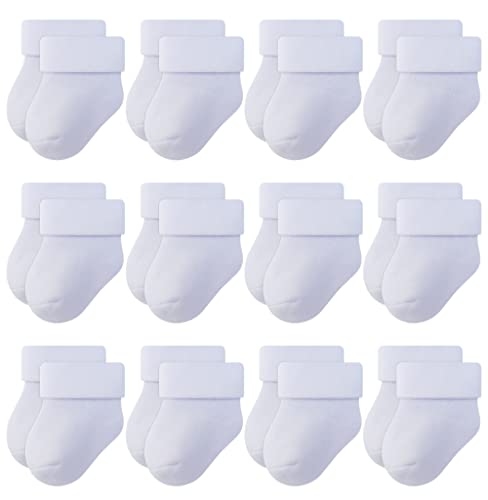 RATIVE Newborn Thick Terry Turn Cuff Socks for Baby Boy and Girl (0-3 months, 12-pairs/white)