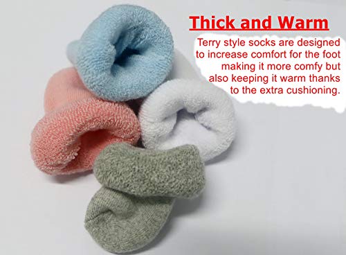 RATIVE Newborn Thick Terry Turn Cuff Socks for Baby Boy and Girl (0-3 months, 12-pairs/white)