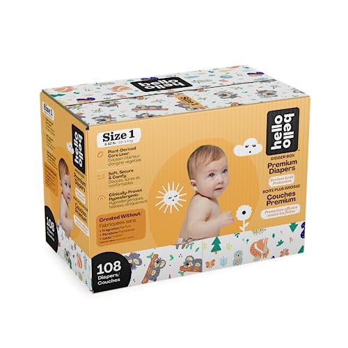 Hello Bello Disposable Diapers Size 1 (8-12 lbs), Extra-Absorbent, Hypoallergenic, and Eco-Friendly Baby Diapers with Snug and Comfort Fit, 108 Count Club Pack (Design May Vary)