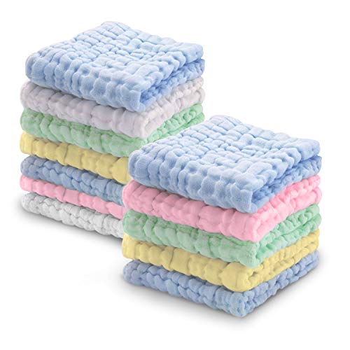 Softan Baby Muslin Washcloths 12 Pack, Natural Muslin Cotton Baby Wipes, Soft Organic Baby Wash Cloths and Baby Towels for Sensitive Skin, Baby Registry as Shower Gift, 12 X 12 inch, Solid Color