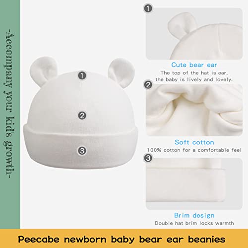 PEECABE Cotton Newborn Hospital Baby Hats 0-6 Months Infant Boy Girl Beanie Bear Ear Hat Set (White+Black+Gray+Coffee,Preemie)