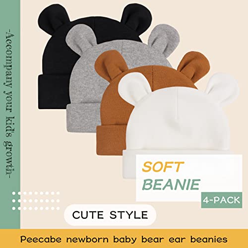 PEECABE Cotton Newborn Hospital Baby Hats 0-6 Months Infant Boy Girl Beanie Bear Ear Hat Set (White+Black+Gray+Coffee,Preemie)