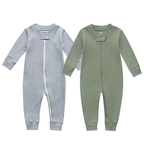 Owlivia Organic Cotton Baby Boy Girl 2 Pack Zip up Sleep N Play, Footless, Long Sleeve(Newborn, Dark Grey Melange & Olive Green)