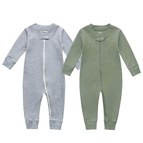 Pijama Owliva de algodón orgánico para bebé niño y niña, paquete de 2, con cremallera, sin pies, manga larga (recién nacido, gris oscuro jaspeado y verde oliva)