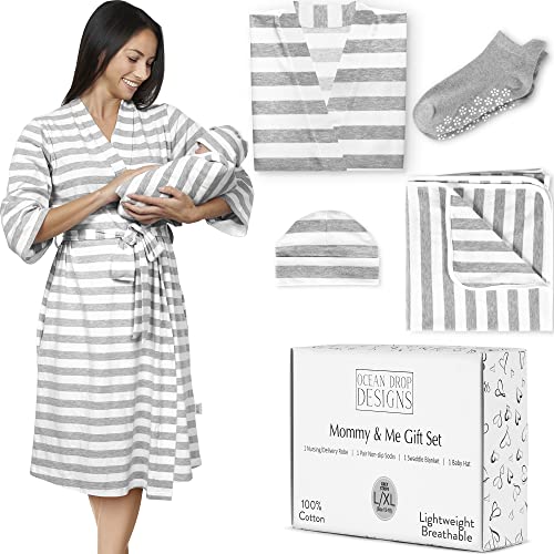 Conjunto de bata y manta Ocean Drop 100 % algodón para mamá y yo - Bata de maternidad para hospital - Bata de parto para hospital - Conjunto de 4 piezas (bata, calcetines, manta para bebé, gorro y caja de regalo)