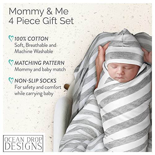 Conjunto de bata y manta Ocean Drop 100 % algodón para mamá y yo - Bata de maternidad para hospital - Bata de parto para hospital - Conjunto de 4 piezas (bata, calcetines, manta para bebé, gorro y caja de regalo)