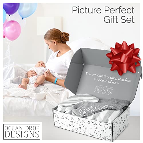 Conjunto de bata y manta Ocean Drop 100 % algodón para mamá y yo - Bata de maternidad para hospital - Bata de parto para hospital - Conjunto de 4 piezas (bata, calcetines, manta para bebé, gorro y caja de regalo)